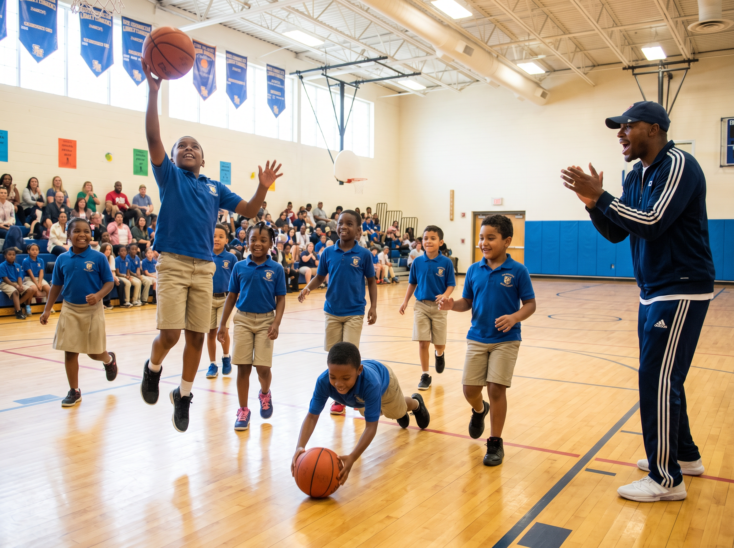 Students playing basketball